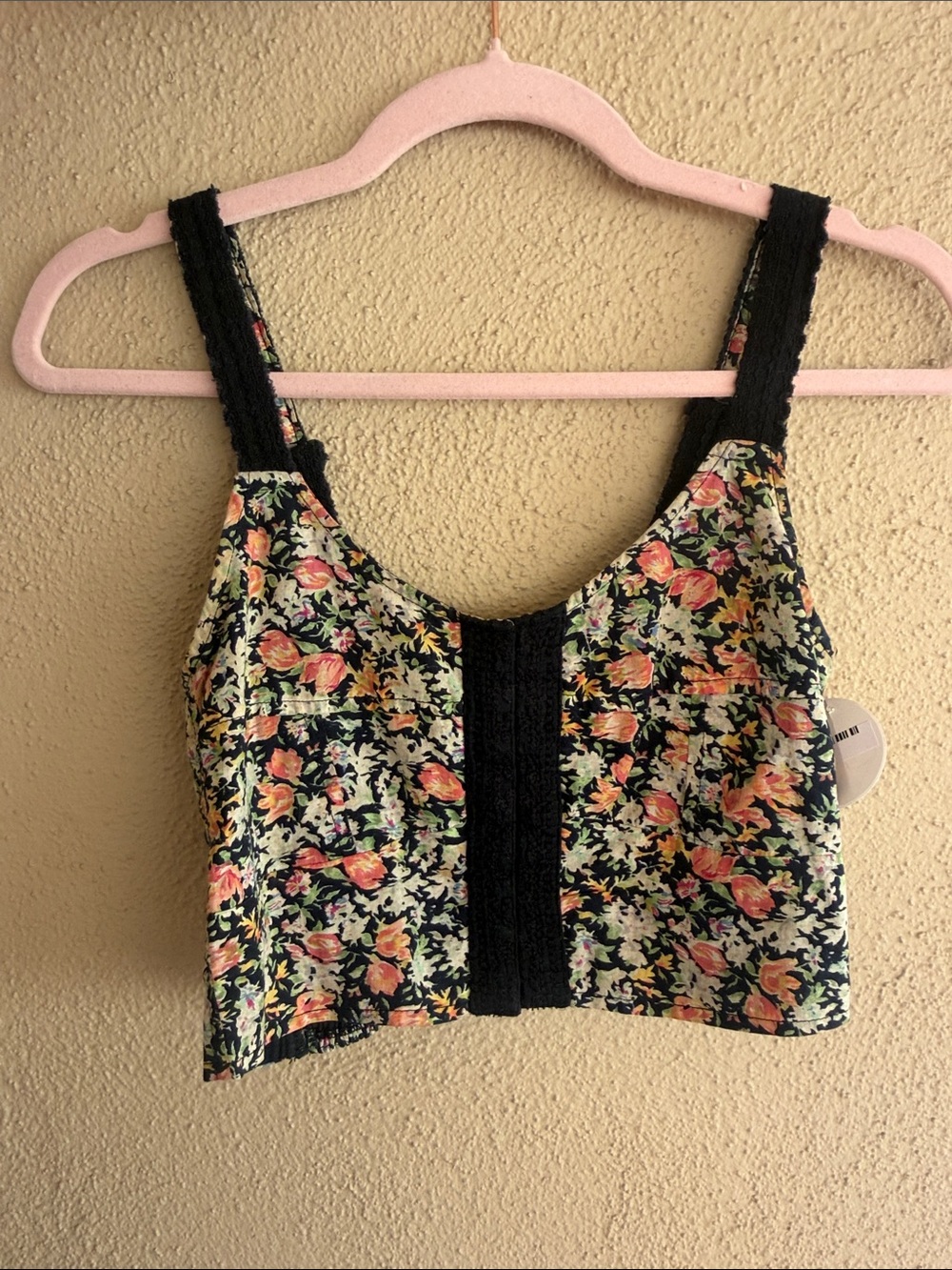 Vintage FP One Free People Black Floral Lace-Trim Cropped Tank Top bustier